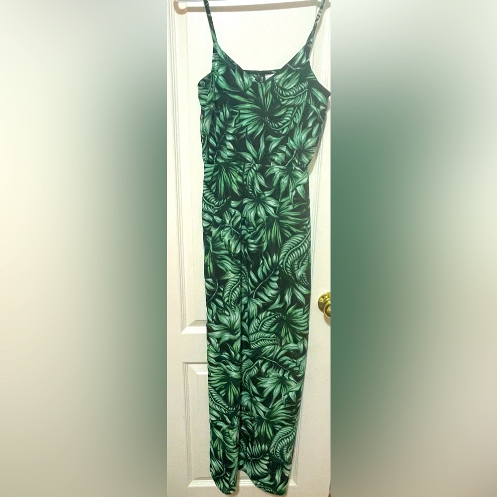 Green Leaf Print Slit Dress